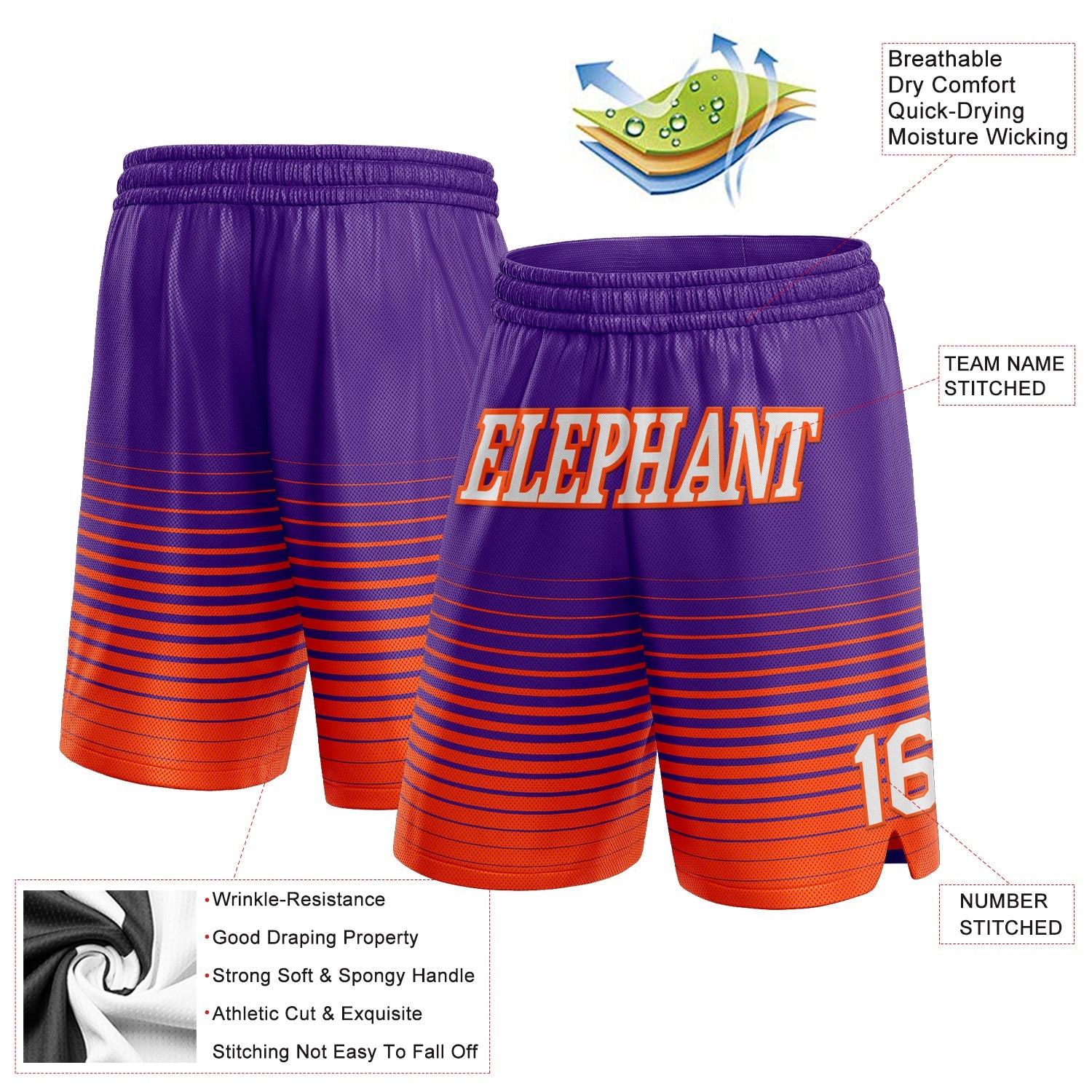 Custom Purple White-Orange Pinstripe Fade Fashion Authentic Basketball Shorts view 2