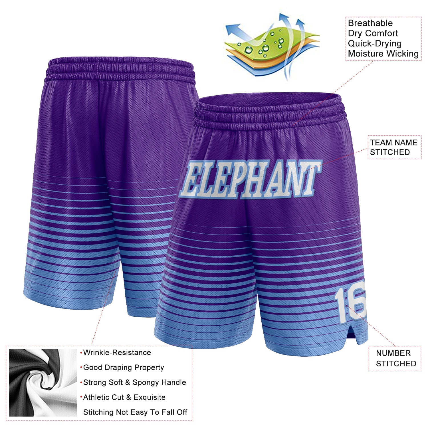 Custom Purple White-Light Blue Pinstripe Fade Fashion Authentic Basketball Shorts view 2