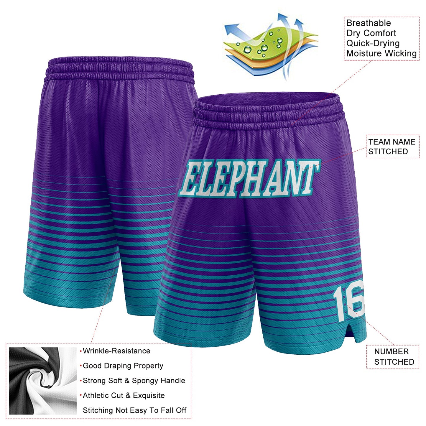 Custom Purple White-Teal Pinstripe Fade Fashion Authentic Basketball Shorts view 2