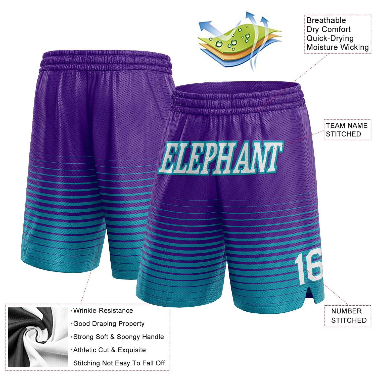 Custom Purple White-Teal Pinstripe Fade Fashion Authentic Basketball Shorts view 2
