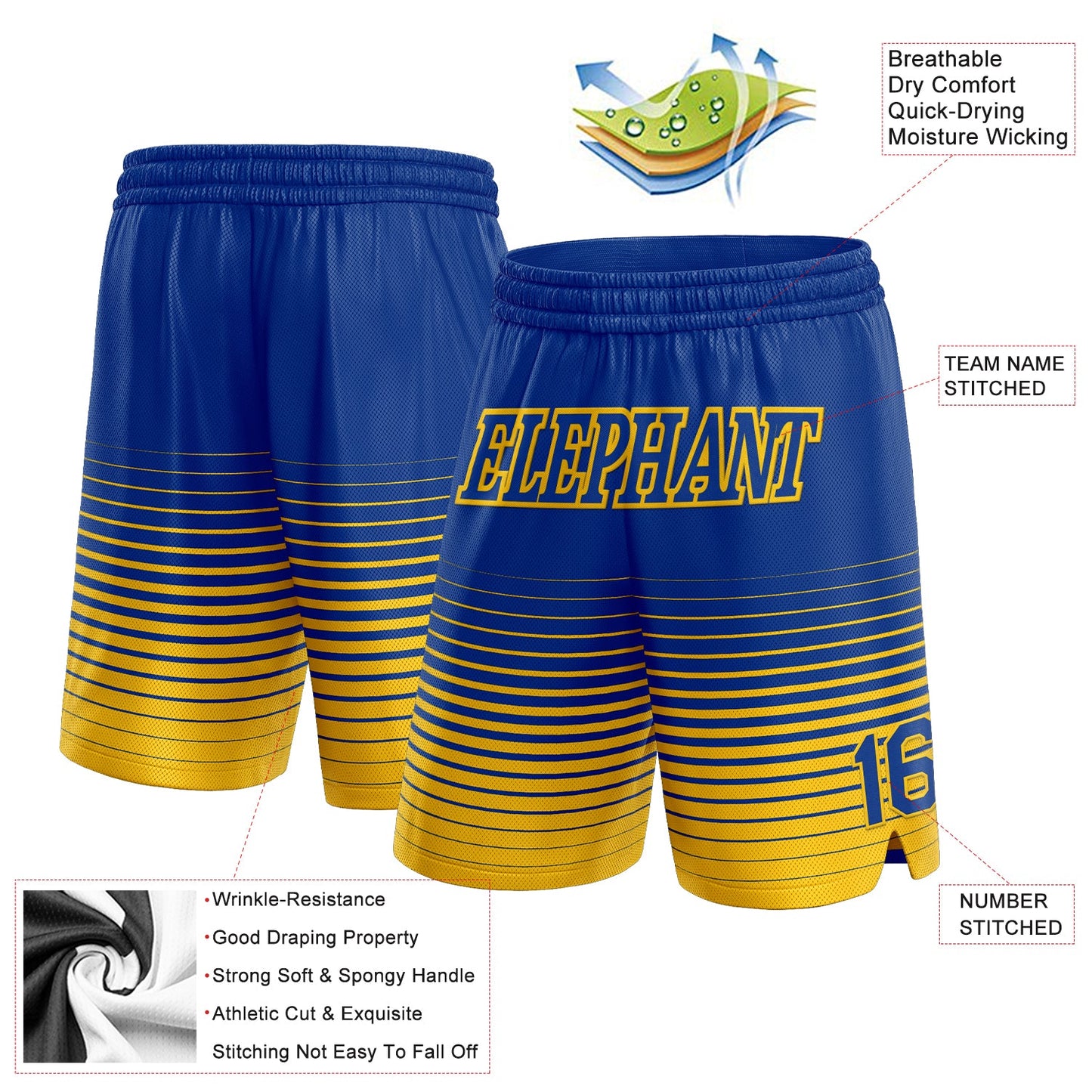 Custom Royal Yellow Pinstripe Fade Fashion Authentic Basketball Shorts view 2