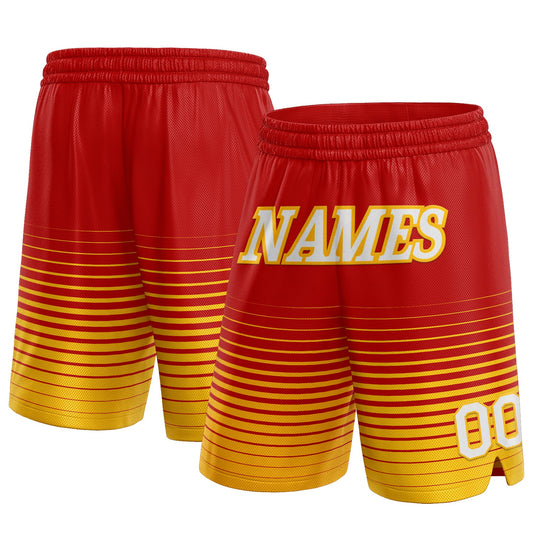Custom Red White-Gold Pinstripe Fade Fashion Authentic Basketball Shorts - Main View