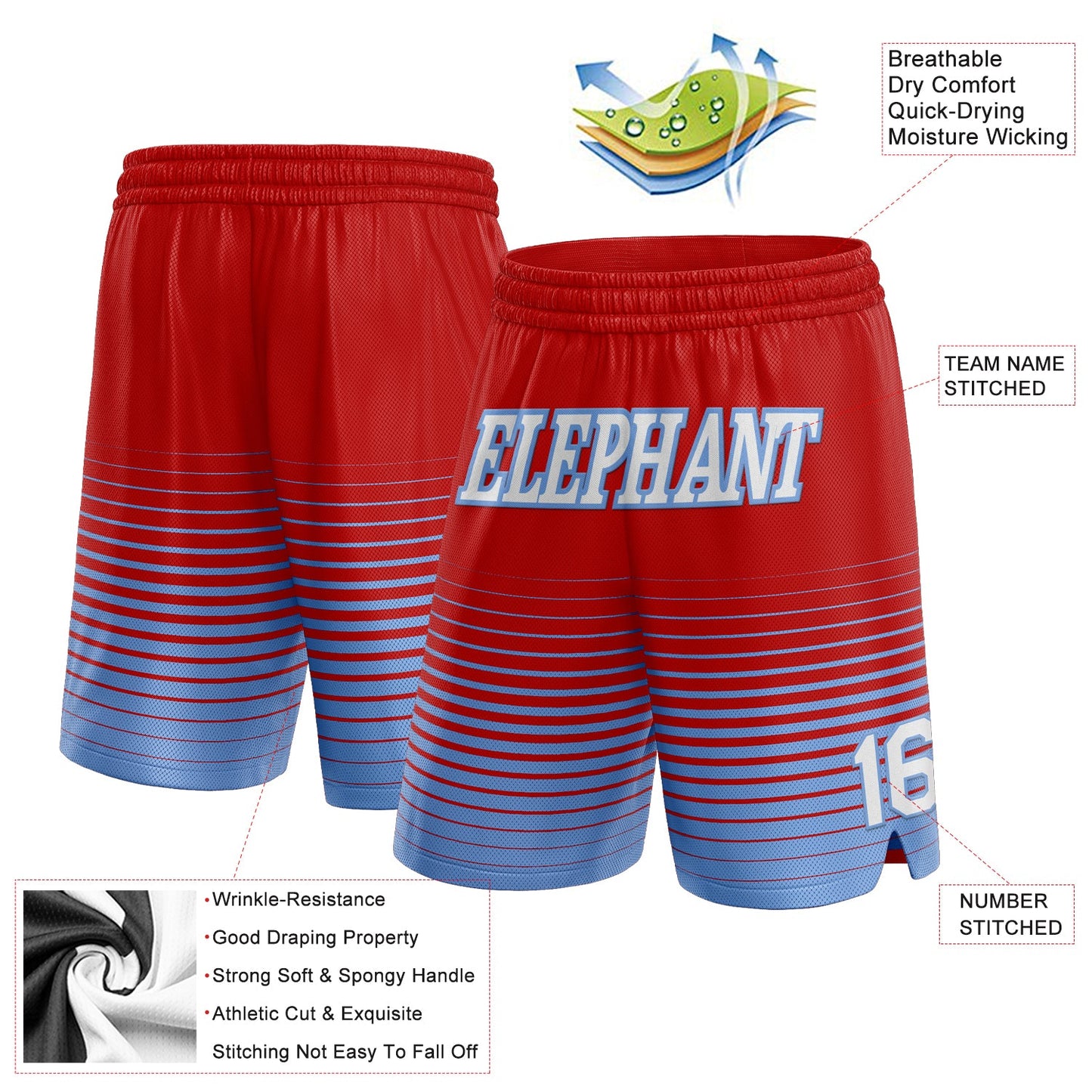 Custom Red White-Light Blue Pinstripe Fade Fashion Authentic Basketball Shorts view 2