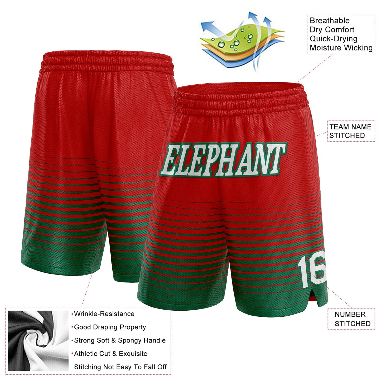 Custom Red White-Kelly Green Pinstripe Fade Fashion Authentic Basketball Shorts view 2