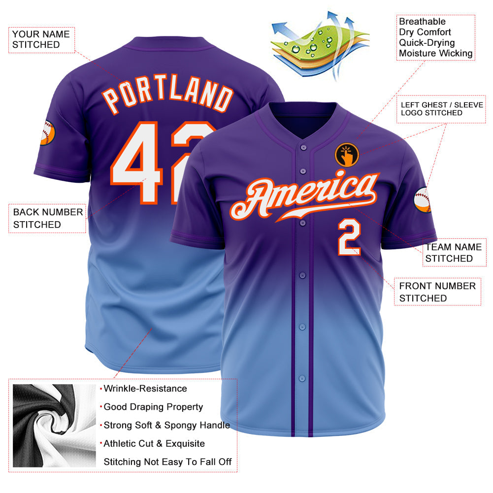 Custom Purple White Light Blue-Orange Authentic Fade Fashion Baseball Jersey view 2
