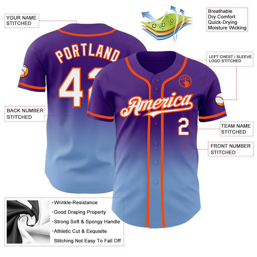 Custom Purple White Light Blue-Orange Authentic Fade Fashion Baseball Jersey view 3