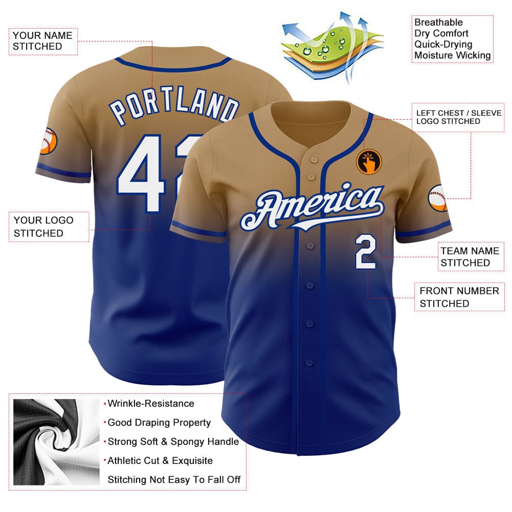 Custom Old Gold White-Royal Authentic Fade Fashion Baseball Jersey view 2