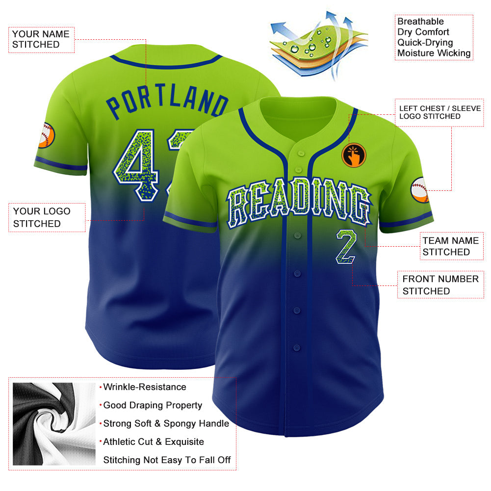 Custom Neon Green White-Royal Authentic Fade Fashion Baseball Jersey view 4