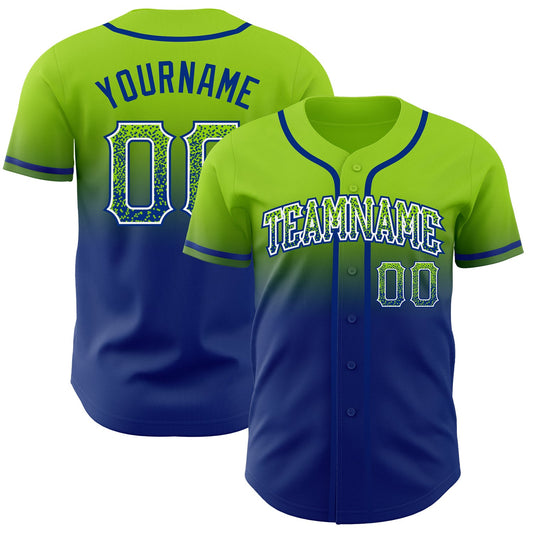 Custom Neon Green White-Royal Authentic Fade Fashion Baseball Jersey - Main View