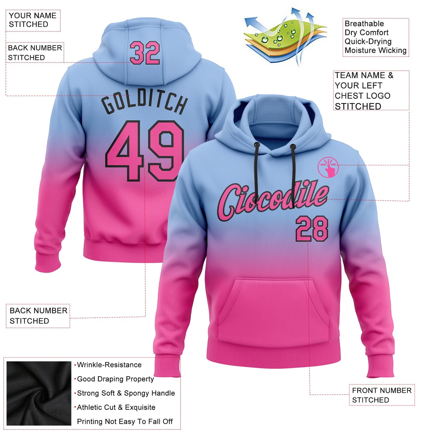 Custom Stitched Light Blue Pink-Black Fade Fashion Sports Pullover Sweatshirt Hoodie view 2