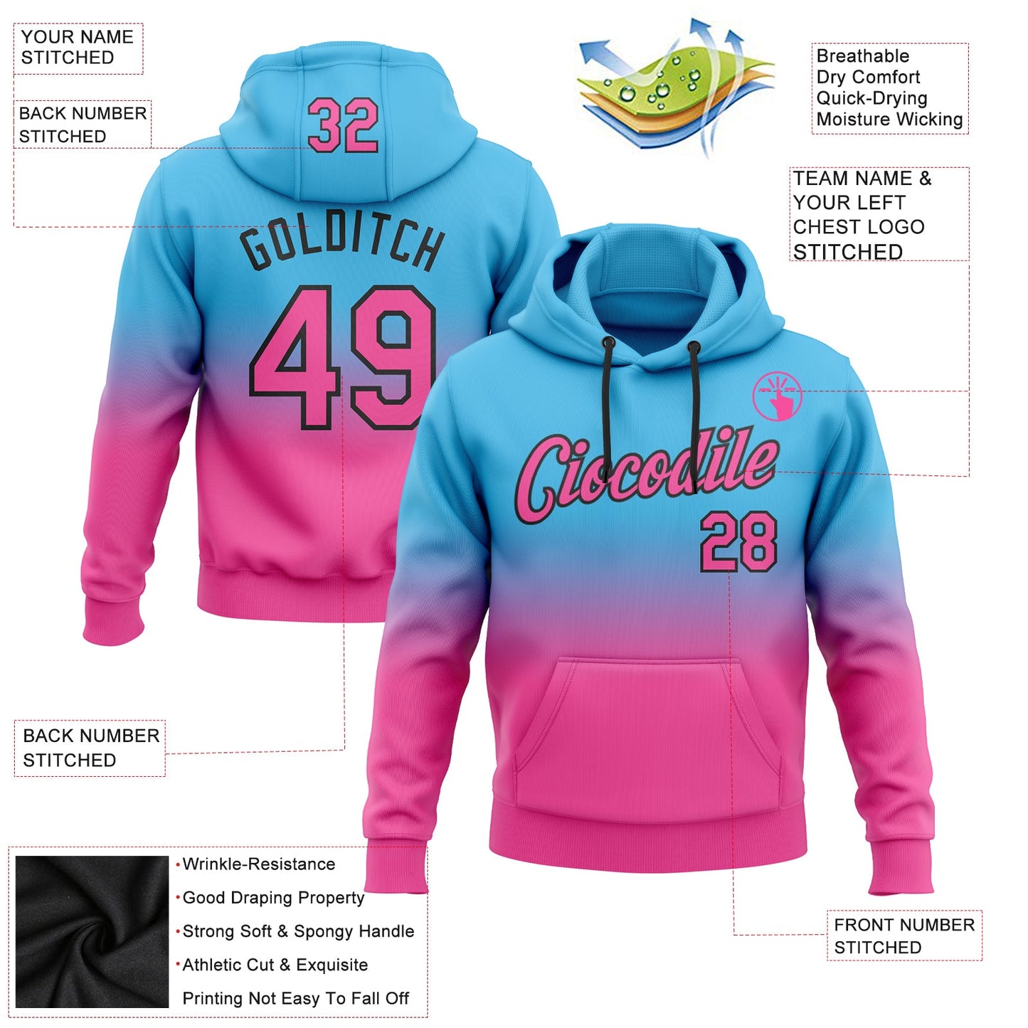 Custom Stitched Sky Blue Pink-Black Fade Fashion Sports Pullover Sweatshirt Hoodie view 2