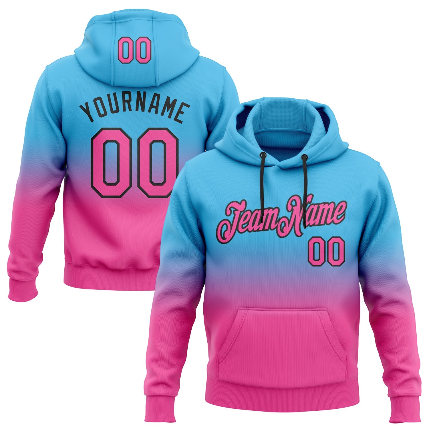 Custom Stitched Sky Blue Pink-Black Fade Fashion Sports Pullover Sweatshirt Hoodie - Main View