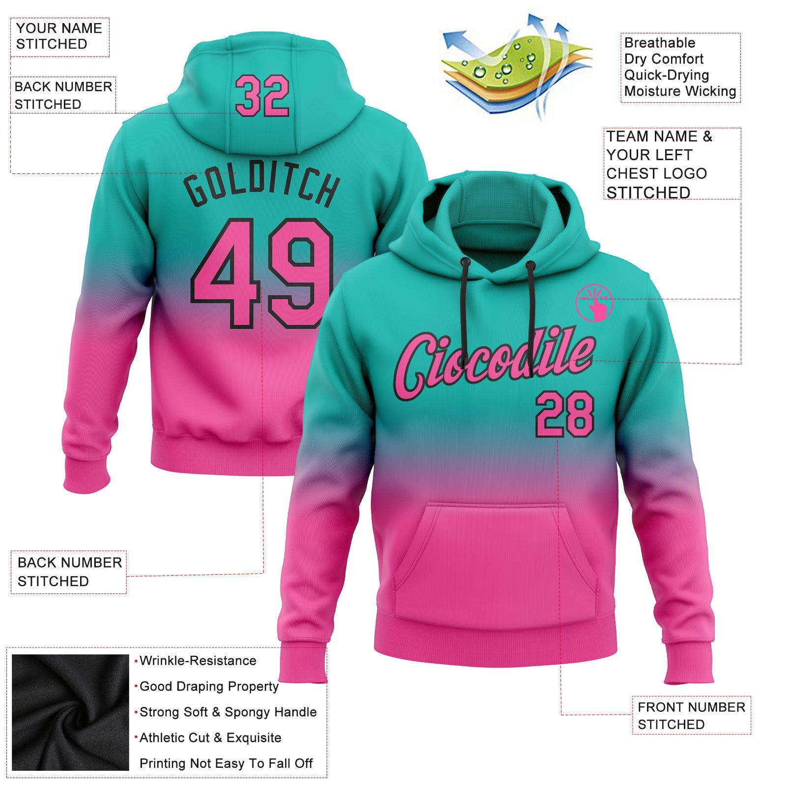Custom Stitched Aqua Pink-Black Fade Fashion Sports Pullover Sweatshirt Hoodie view 2