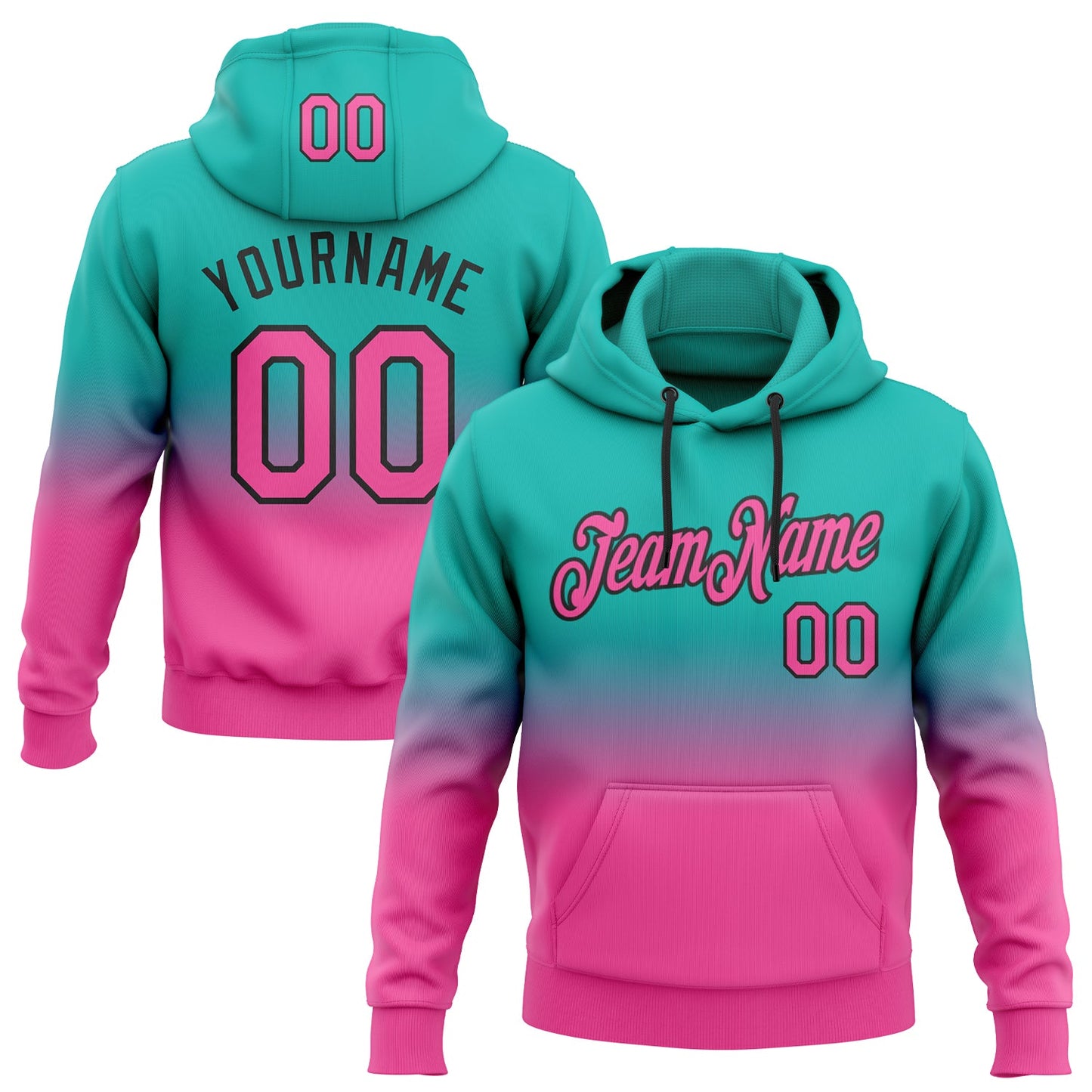 Custom Stitched Aqua Pink-Black Fade Fashion Sports Pullover Sweatshirt Hoodie - Main View