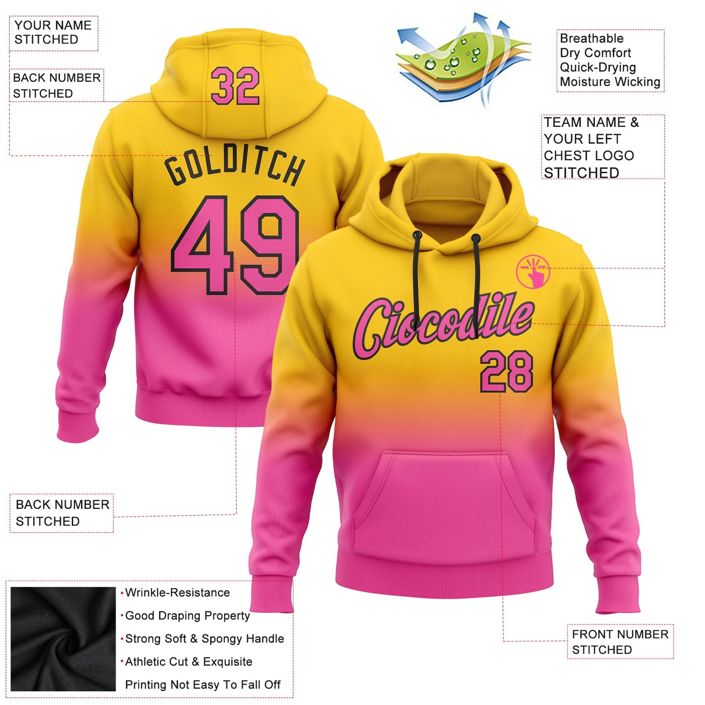 Custom Stitched Yellow Pink-Black Fade Fashion Sports Pullover Sweatshirt Hoodie view 2