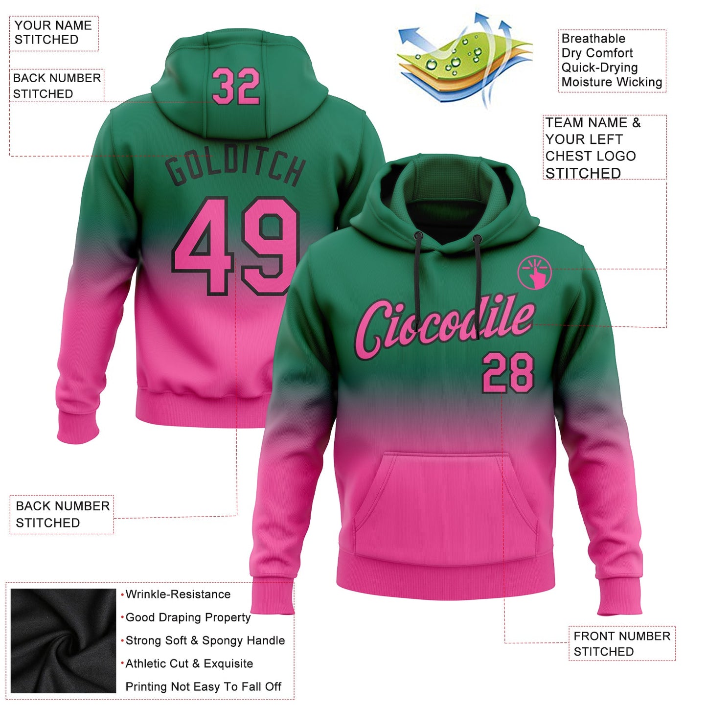 Custom Stitched Kelly Green Pink-Black Fade Fashion Sports Pullover Sweatshirt Hoodie view 2