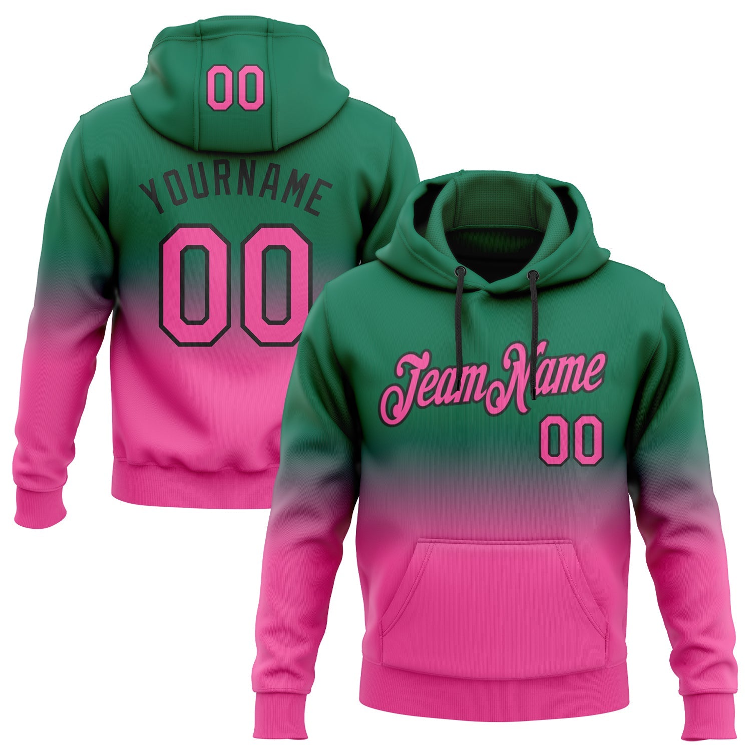 Custom Stitched Kelly Green Pink-Black Fade Fashion Sports Pullover Sweatshirt Hoodie - Main View