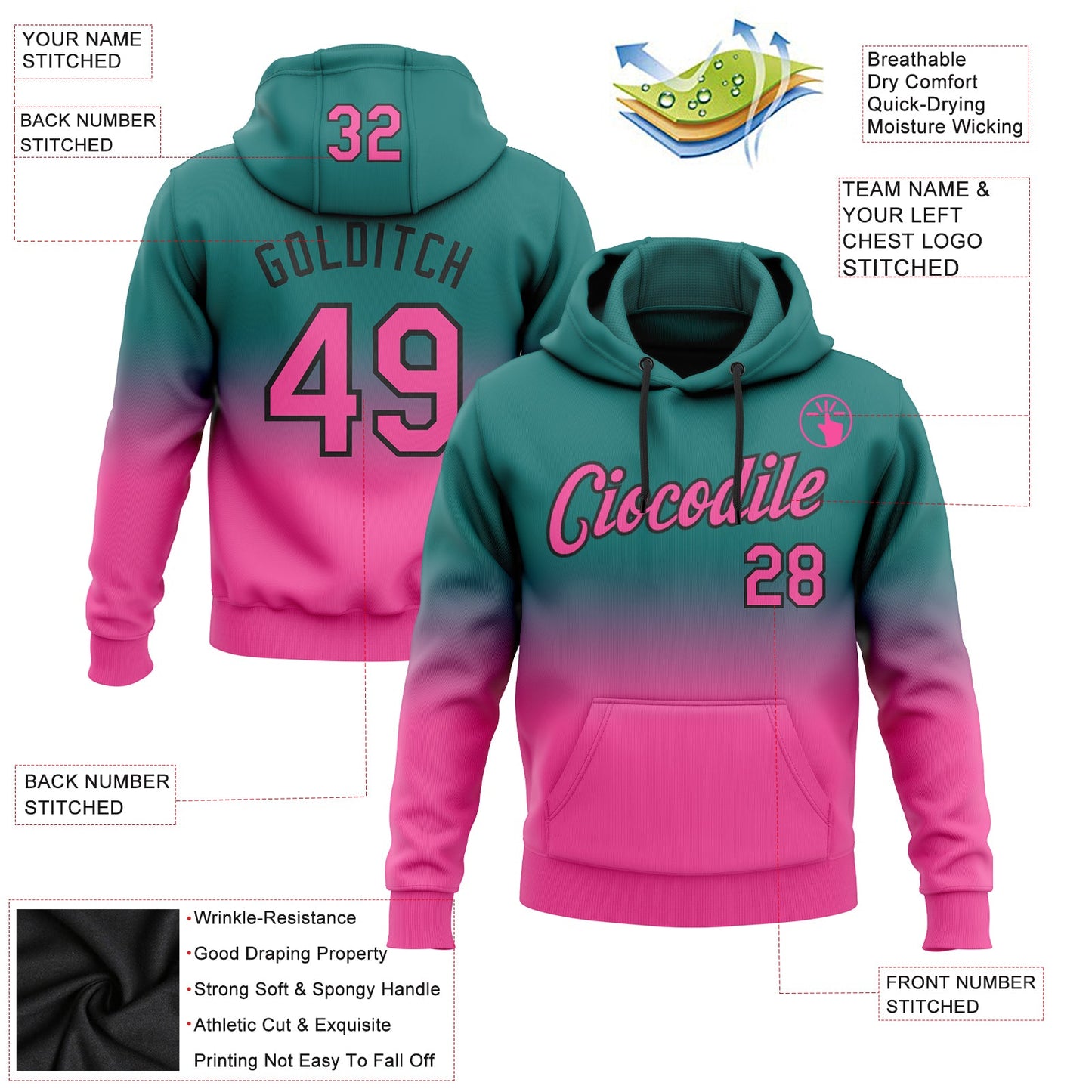Custom Stitched Teal Pink-Black Fade Fashion Sports Pullover Sweatshirt Hoodie view 2