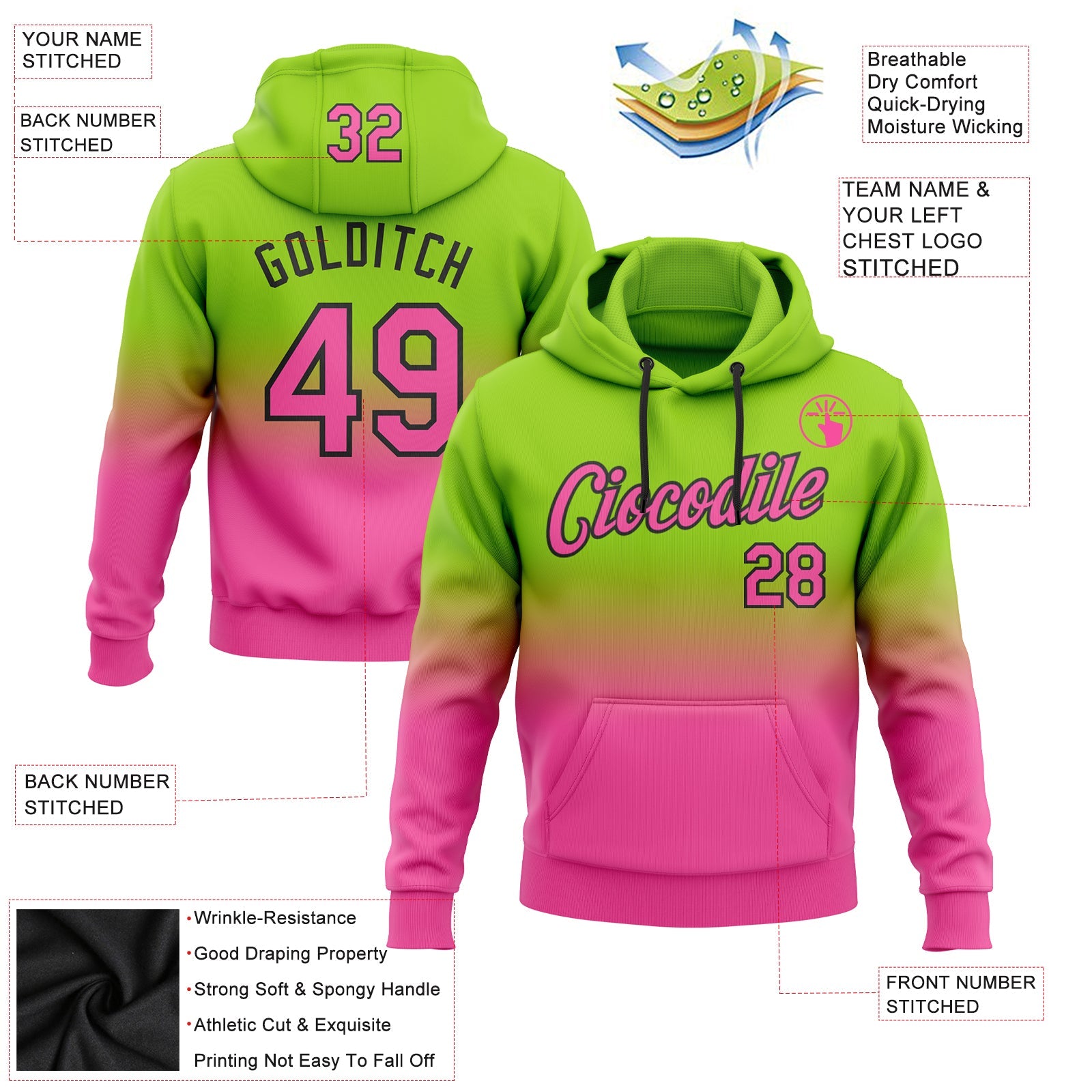 Custom Stitched Neon Green Pink-Black Fade Fashion Sports Pullover Sweatshirt Hoodie view 2