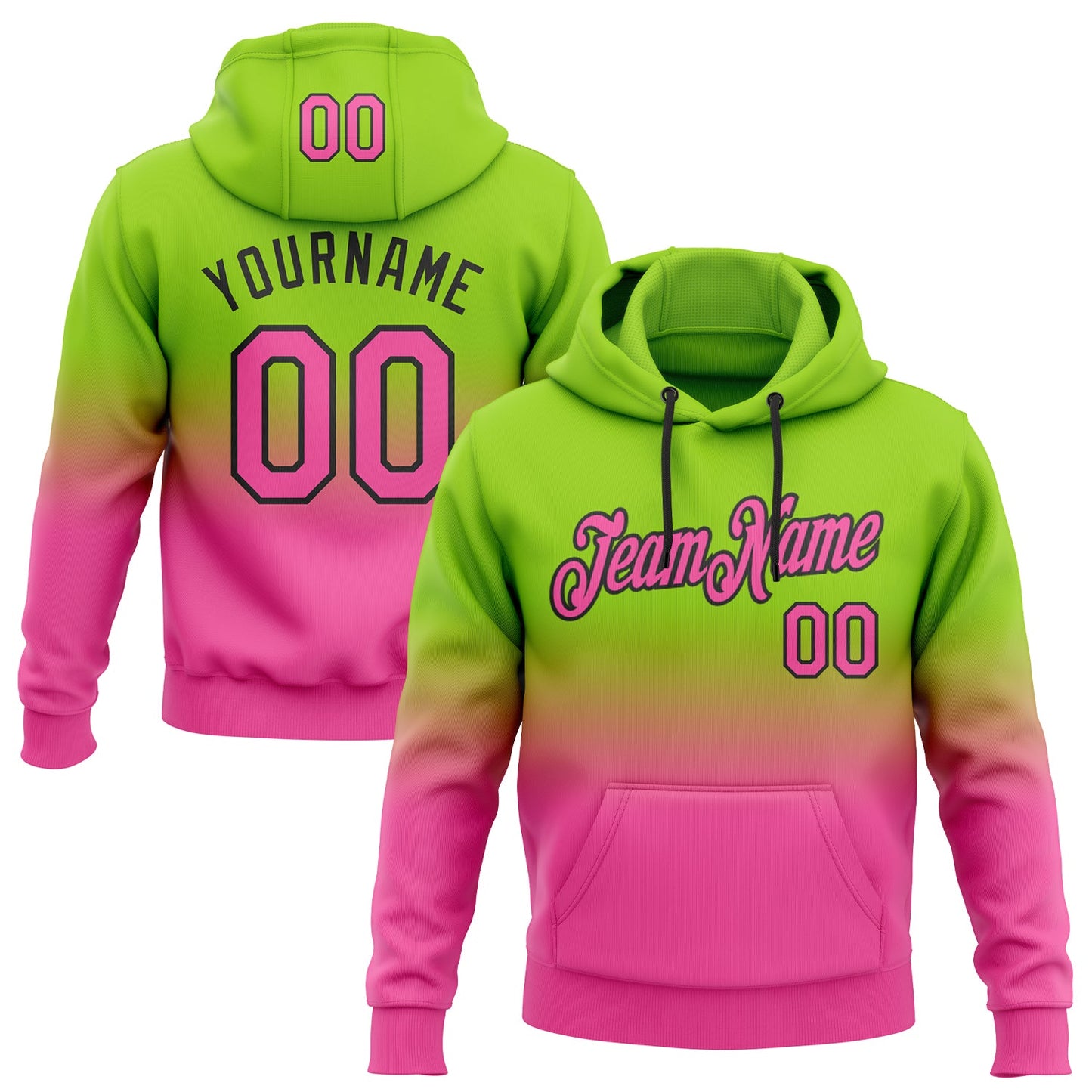 Custom Stitched Neon Green Pink-Black Fade Fashion Sports Pullover Sweatshirt Hoodie - Main View