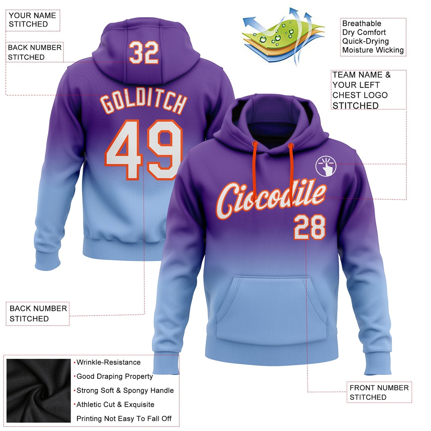 Custom Stitched Purple White Light Blue-Orange Fade Fashion Sports Pullover Sweatshirt Hoodie view 2