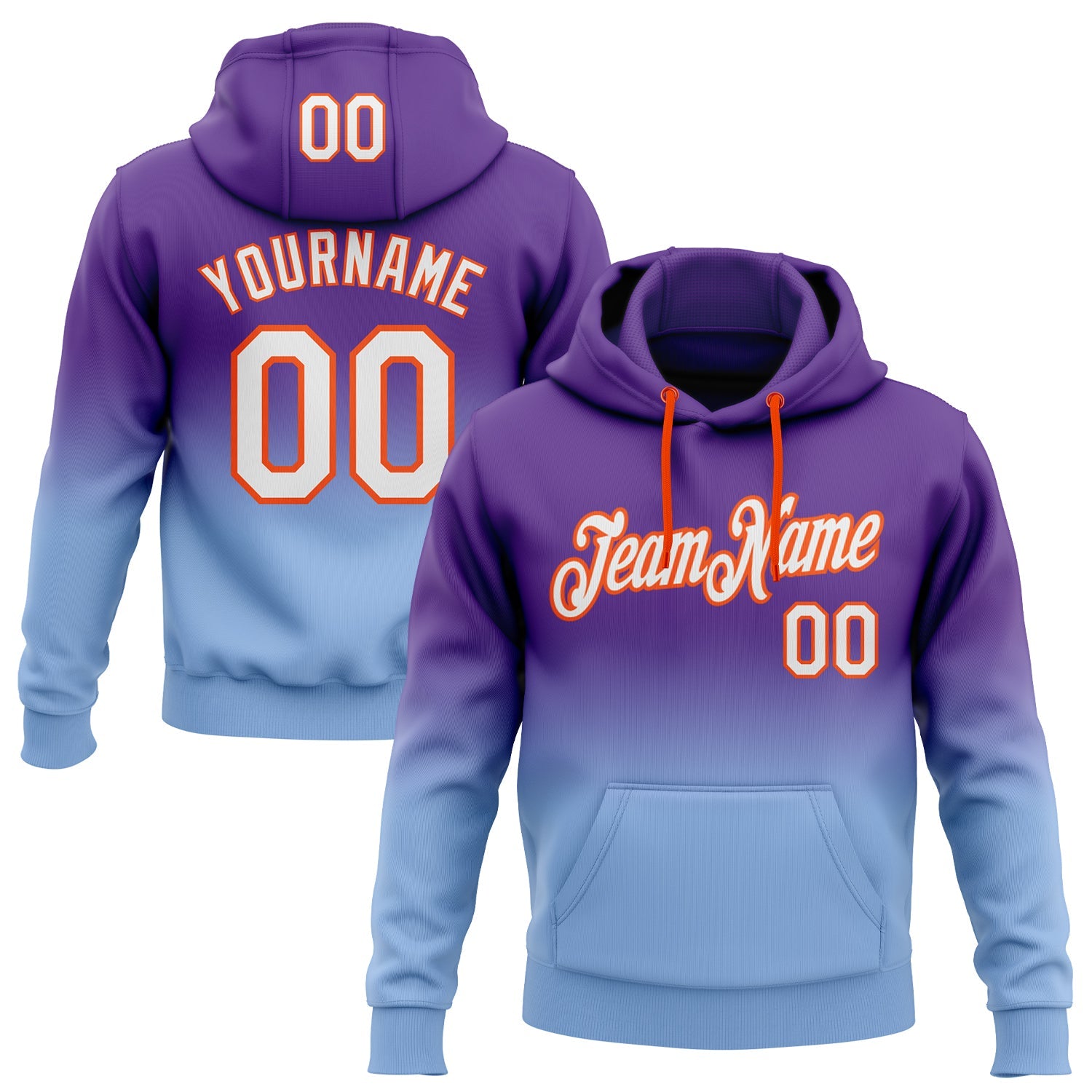 Custom Stitched Purple White Light Blue-Orange Fade Fashion Sports Pullover Sweatshirt Hoodie - Main View