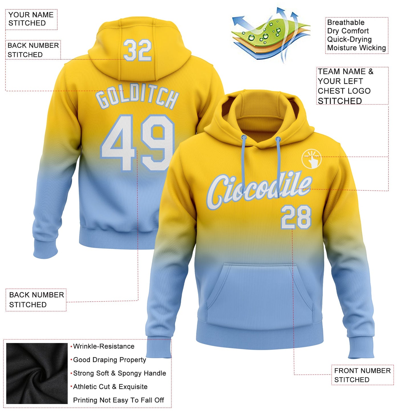 Custom Stitched Yellow White-Light Blue Fade Fashion Sports Pullover Sweatshirt Hoodie view 2