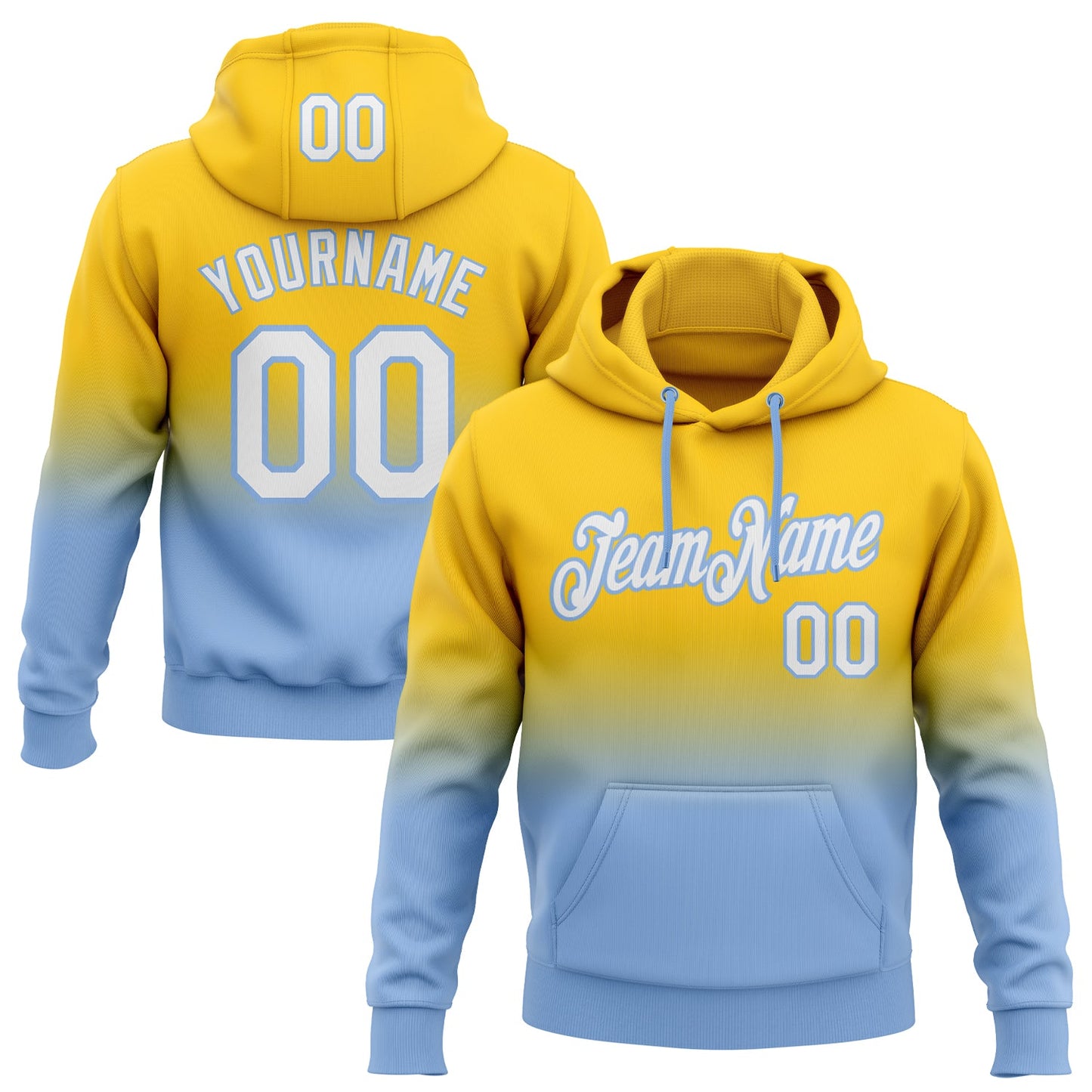 Custom Stitched Yellow White-Light Blue Fade Fashion Sports Pullover Sweatshirt Hoodie - Main View