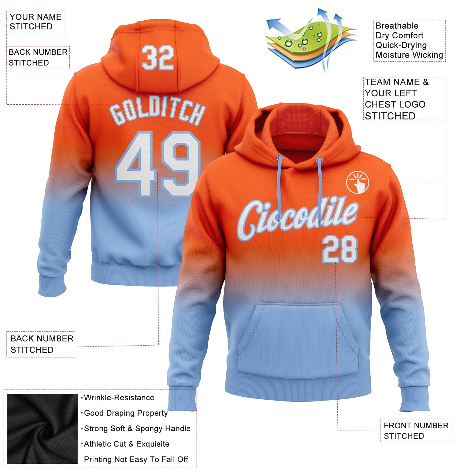 Custom Stitched Orange White-Light Blue Fade Fashion Sports Pullover Sweatshirt Hoodie view 2
