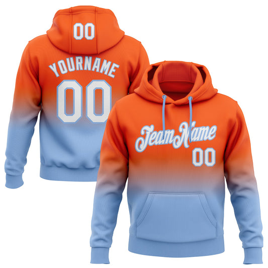 Custom Stitched Orange White-Light Blue Fade Fashion Sports Pullover Sweatshirt Hoodie - Main View