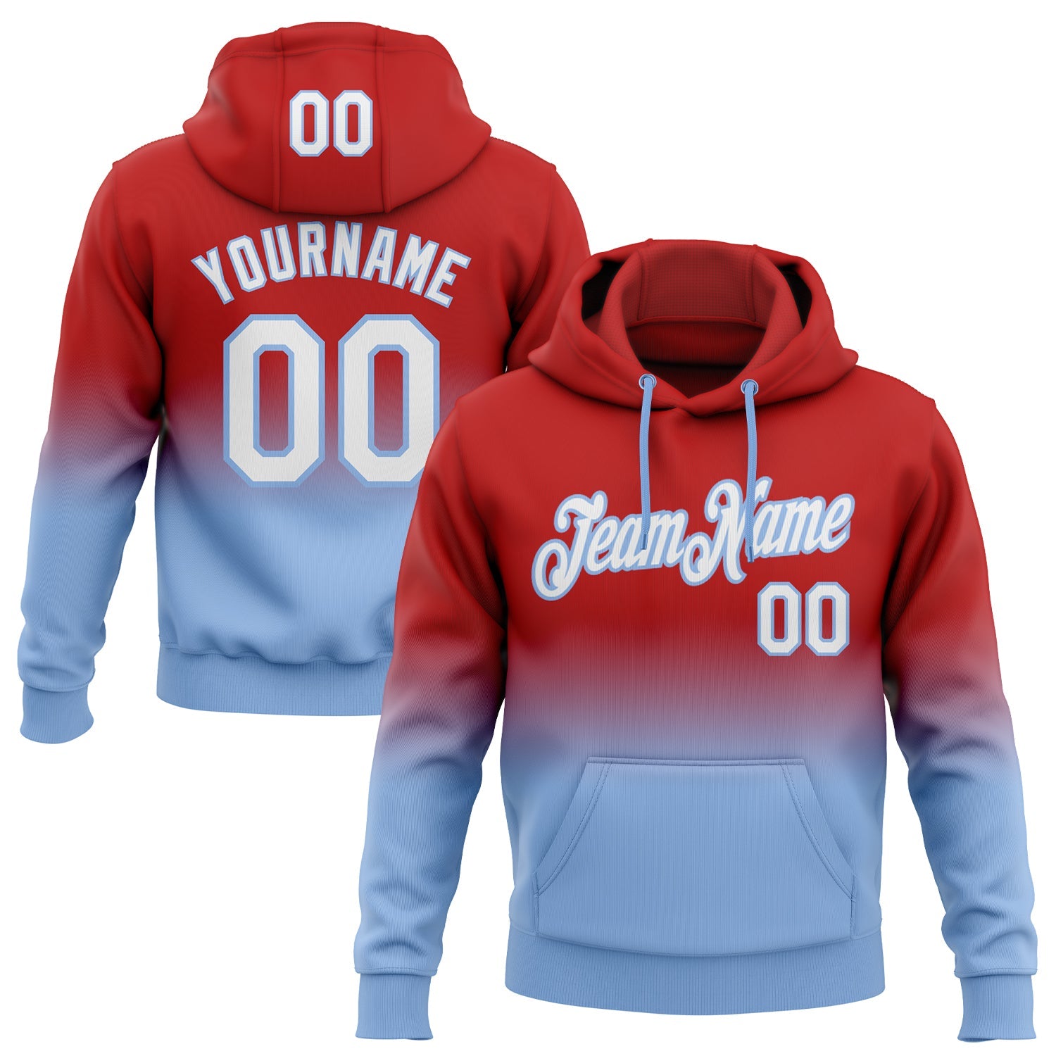 Custom Stitched Red White-Light Blue Fade Fashion Sports Pullover Sweatshirt Hoodie - Main View