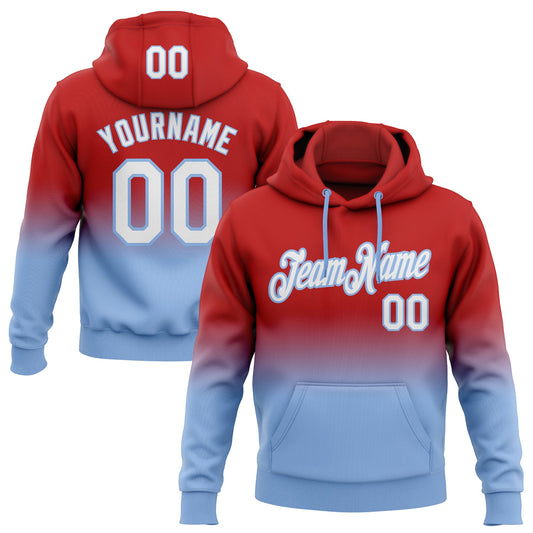 Custom Stitched Red White-Light Blue Fade Fashion Sports Pullover Sweatshirt Hoodie - Main View