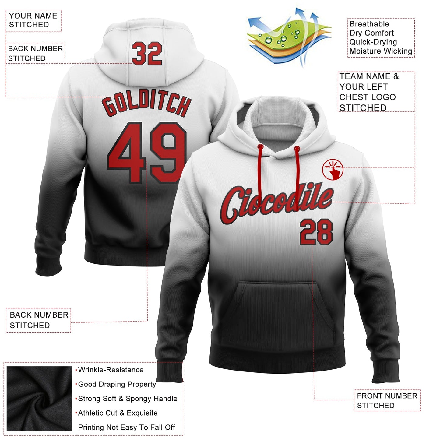 Custom Stitched White Red-Black Fade Fashion Sports Pullover Sweatshirt Hoodie view 2