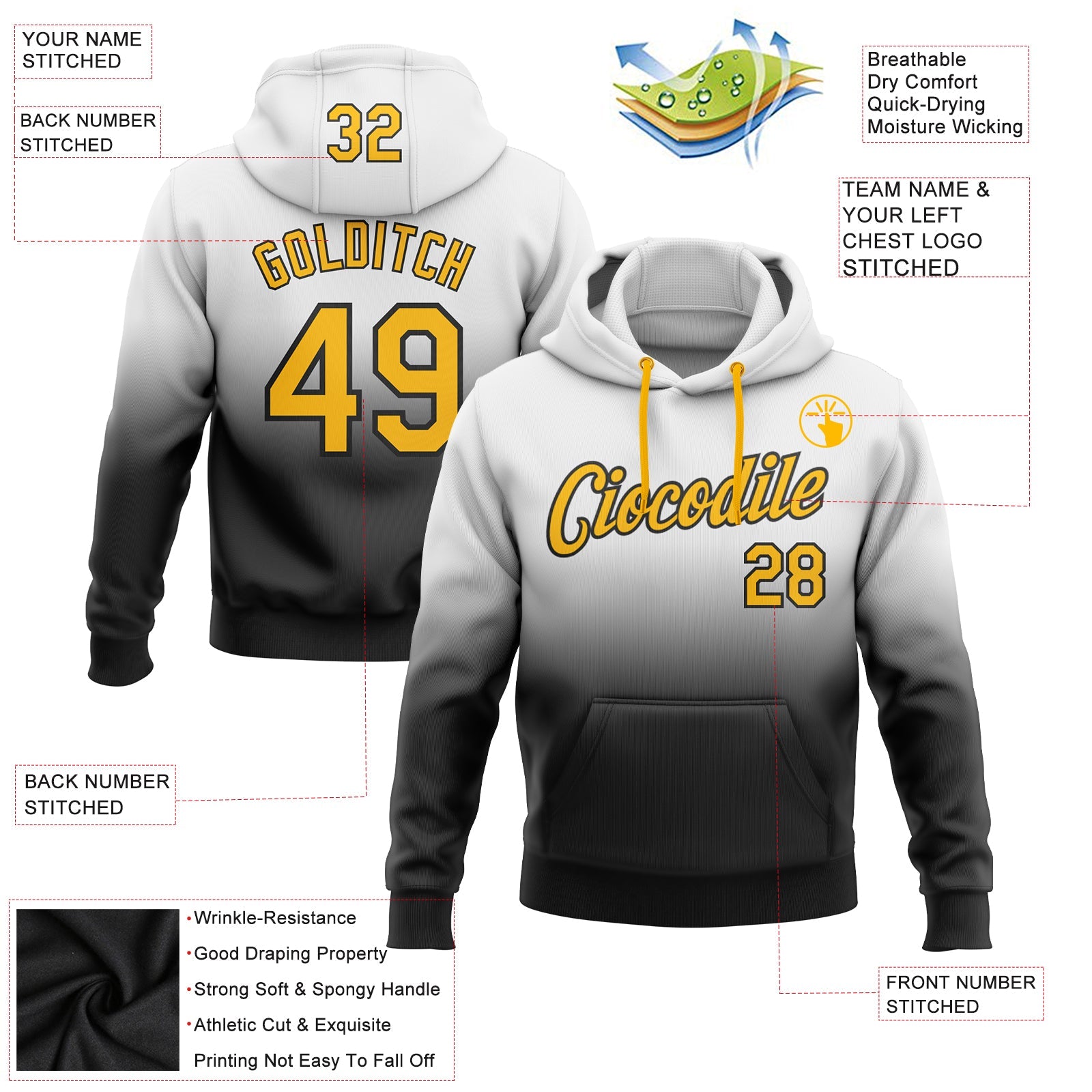 Custom Stitched White Gold-Black Fade Fashion Sports Pullover Sweatshirt Hoodie view 2