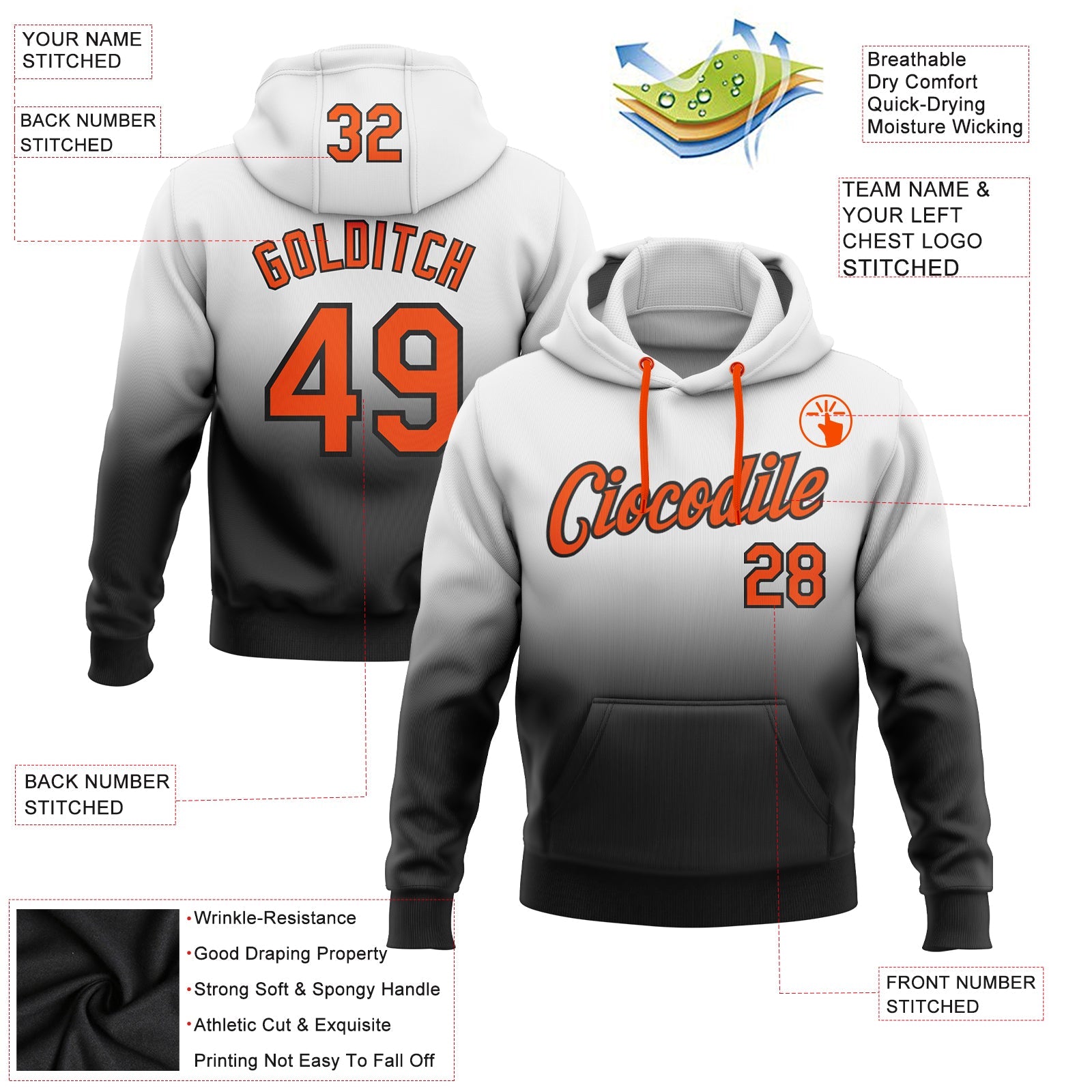 Custom Stitched White Orange-Black Fade Fashion Sports Pullover Sweatshirt Hoodie view 2
