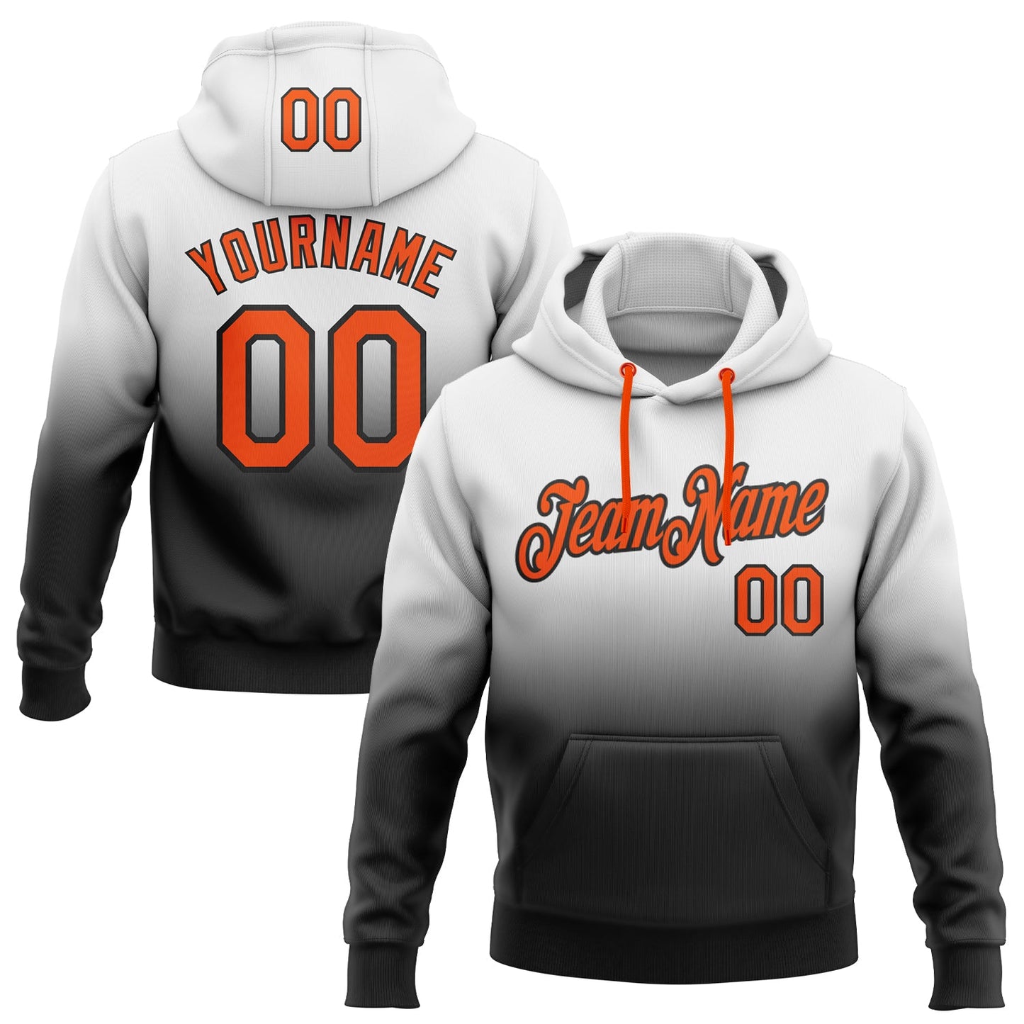 Custom Stitched White Orange-Black Fade Fashion Sports Pullover Sweatshirt Hoodie - Main View