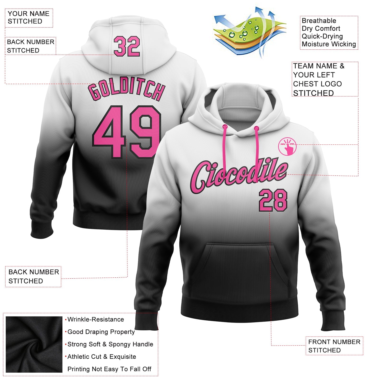 Custom Stitched White Pink-Black Fade Fashion Sports Pullover Sweatshirt Hoodie view 2
