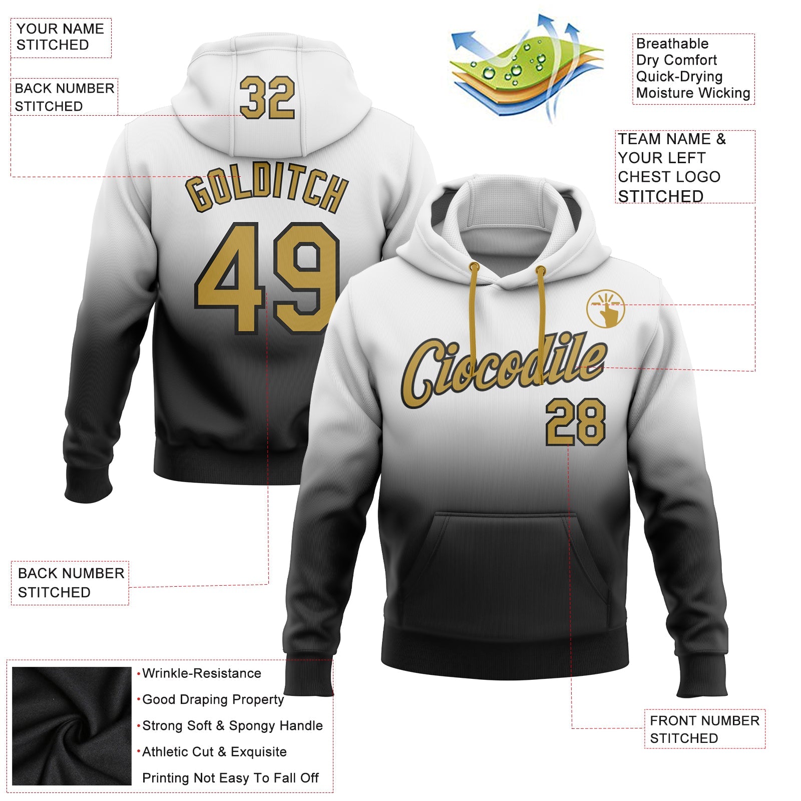 Custom Stitched White Old Gold-Black Fade Fashion Sports Pullover Sweatshirt Hoodie view 2