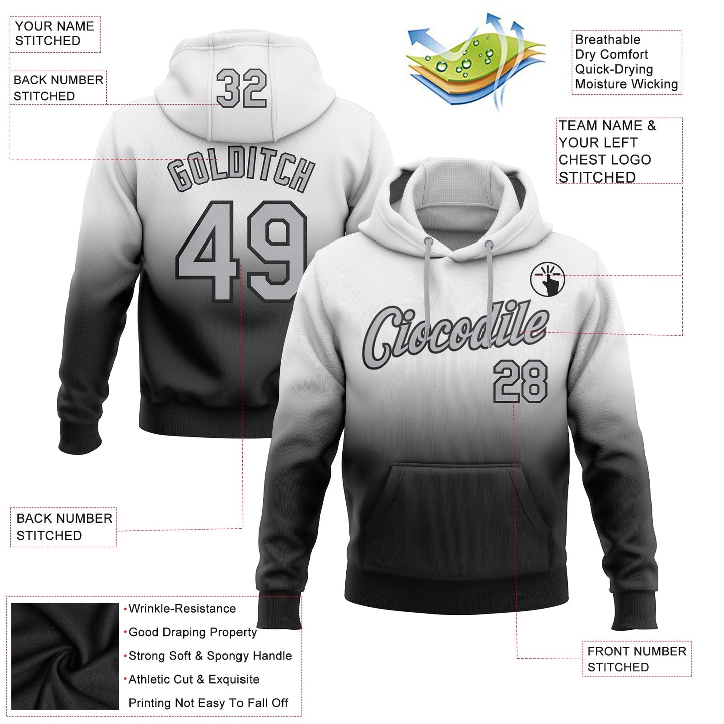 Custom Stitched White Gray-Black Fade Fashion Sports Pullover Sweatshirt Hoodie view 2