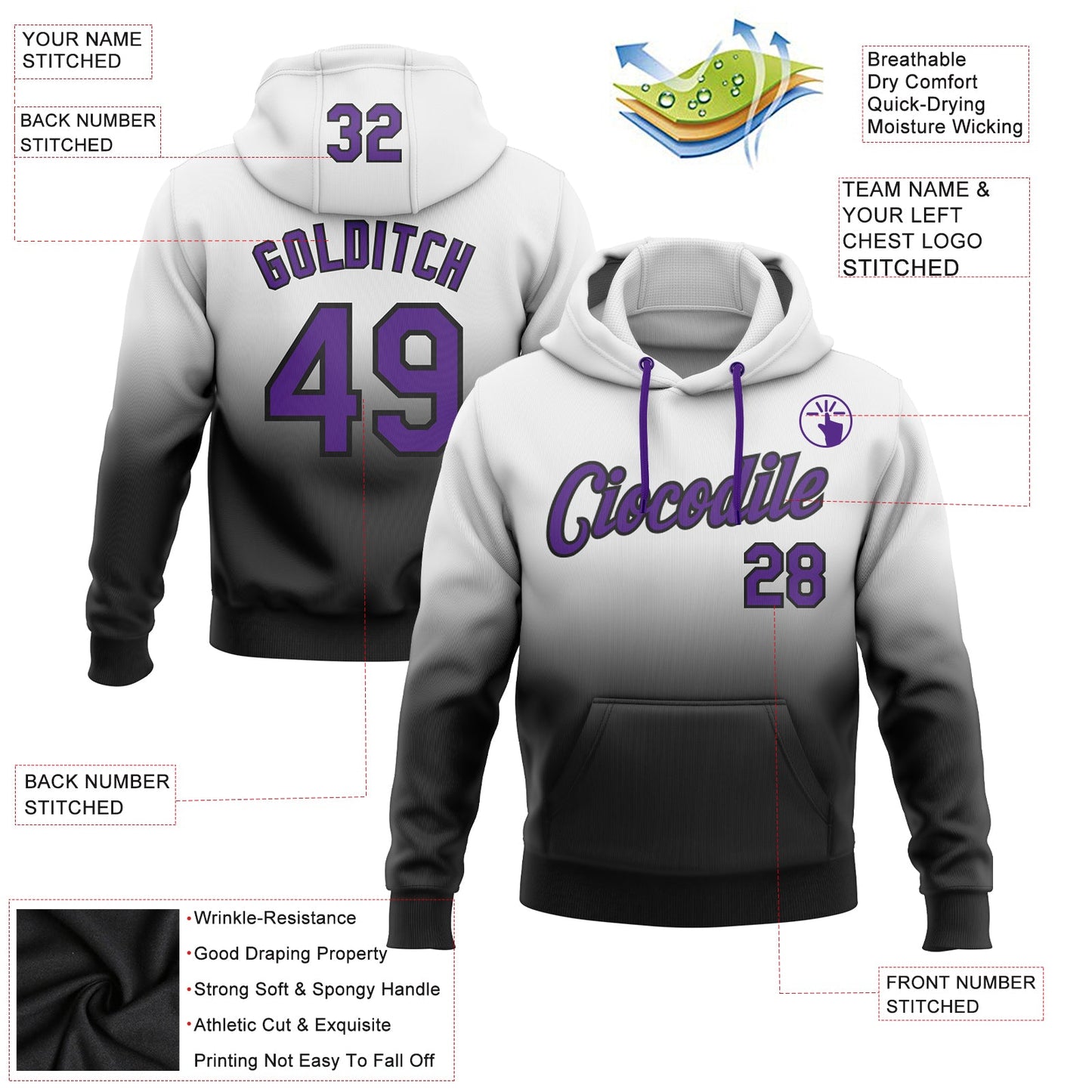 Custom Stitched White Purple-Black Fade Fashion Sports Pullover Sweatshirt Hoodie view 2