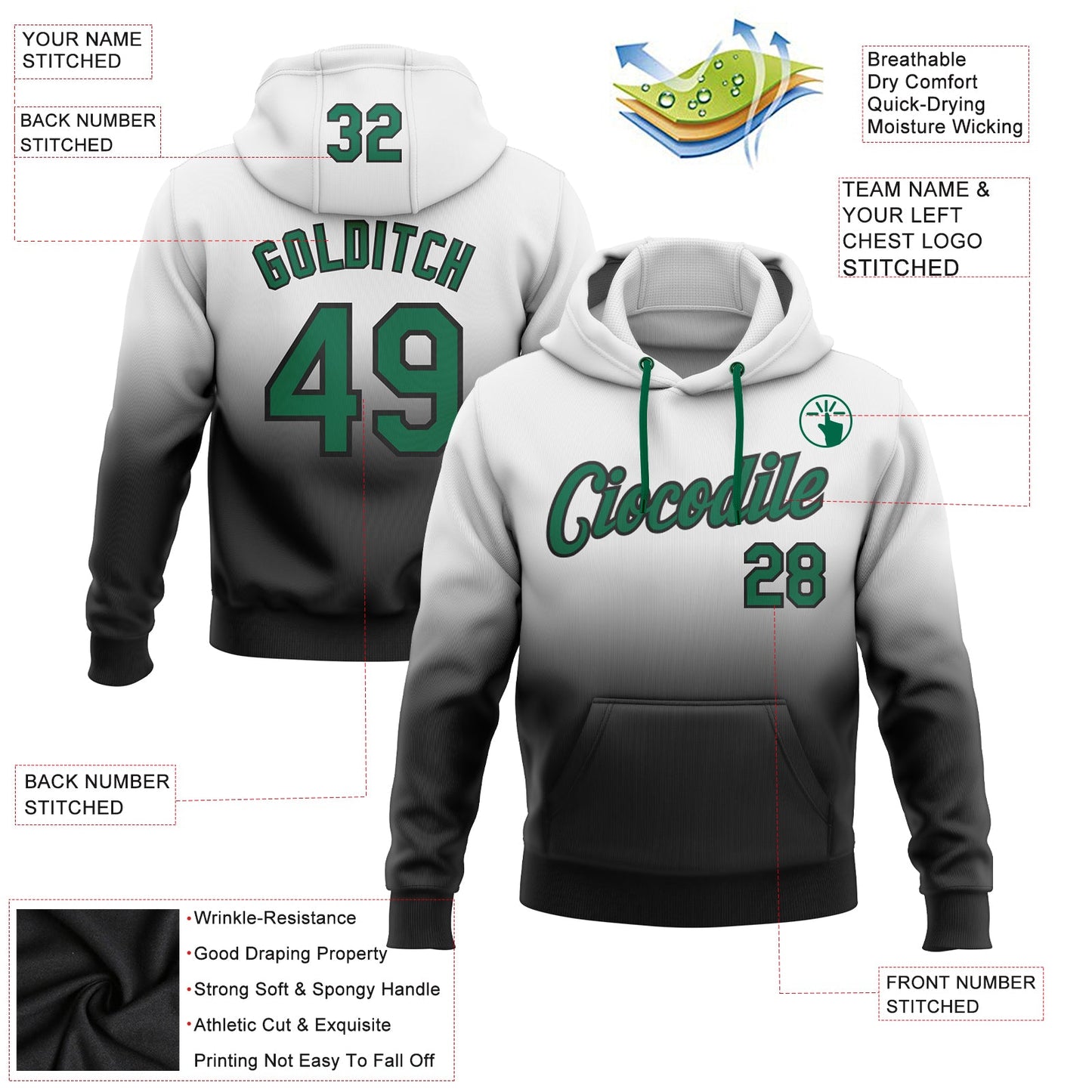 Custom Stitched White Kelly Green-Black Fade Fashion Sports Pullover Sweatshirt Hoodie view 2