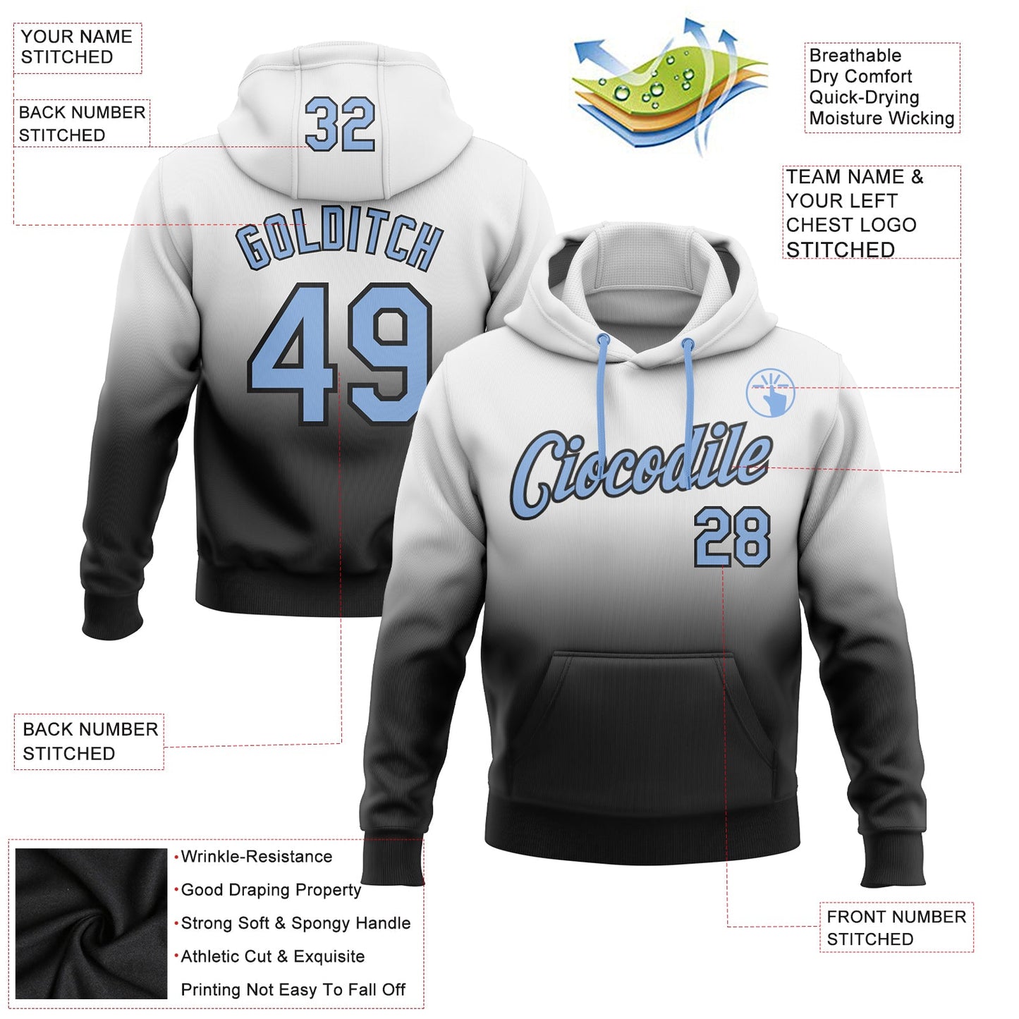 Custom Stitched White Light Blue-Black Fade Fashion Sports Pullover Sweatshirt Hoodie view 2