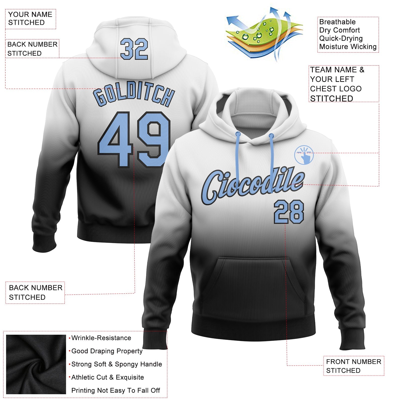 Custom Stitched White Light Blue-Black Fade Fashion Sports Pullover Sweatshirt Hoodie view 2