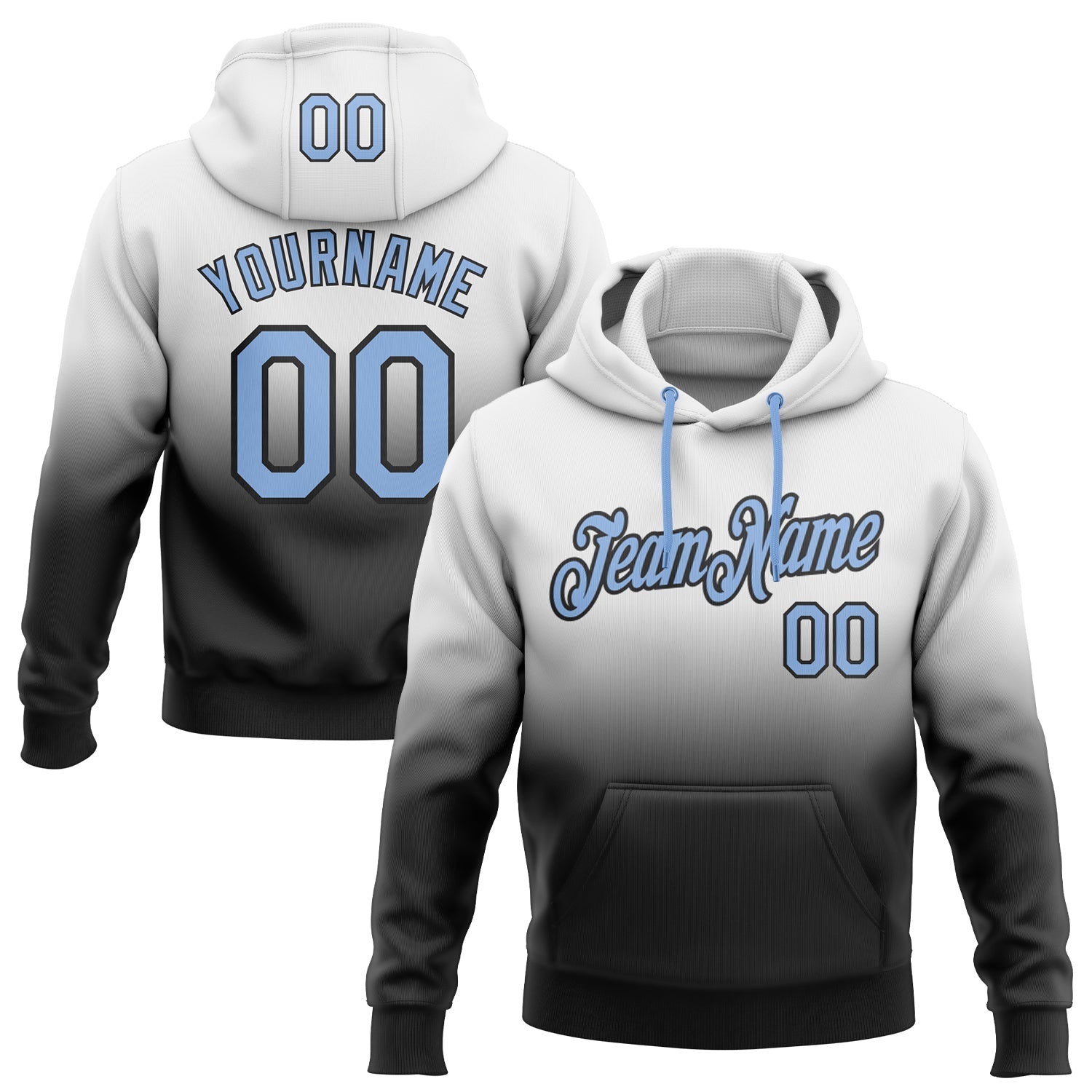 Custom Stitched White Light Blue-Black Fade Fashion Sports Pullover Sweatshirt Hoodie - Main View
