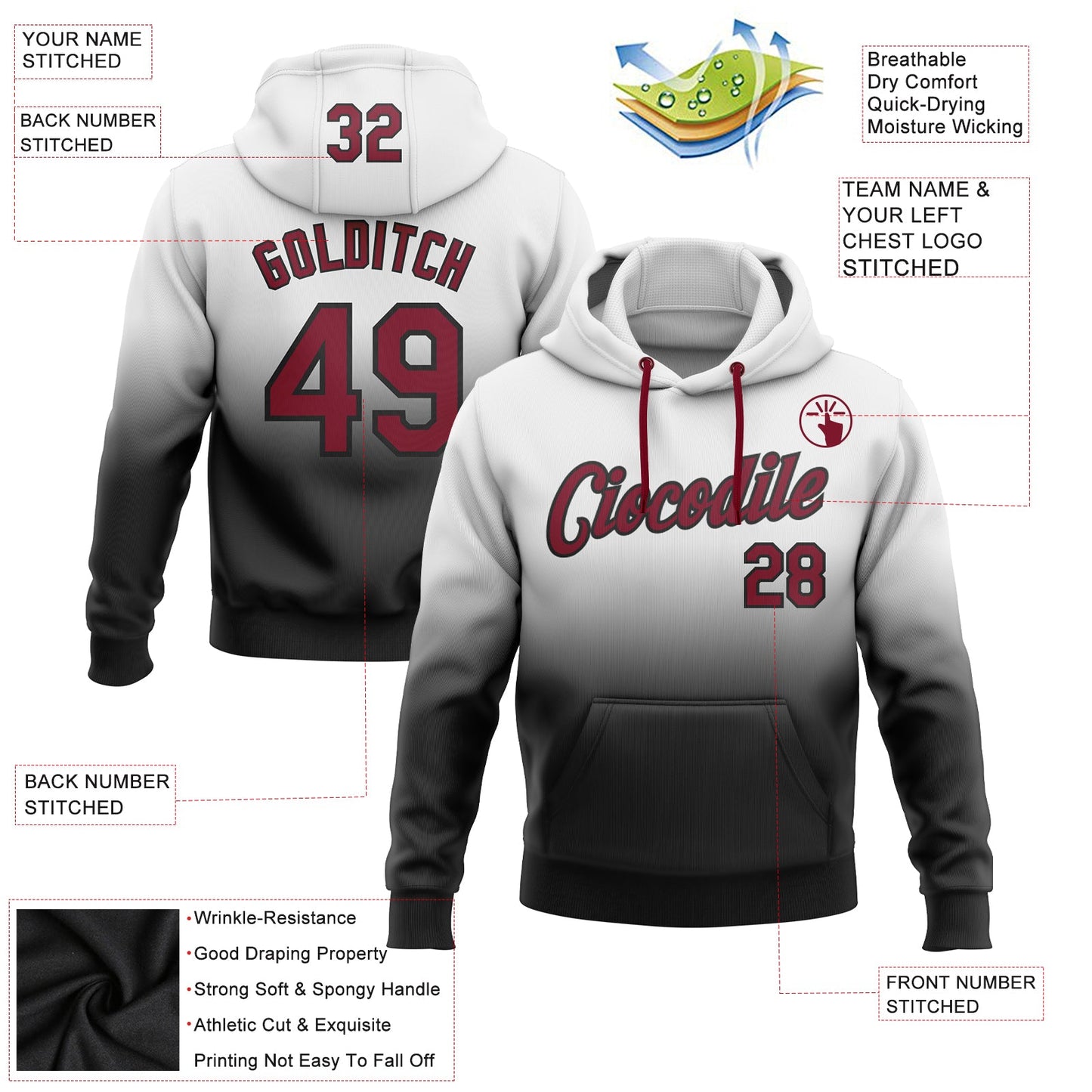Custom Stitched White Crimson-Black Fade Fashion Sports Pullover Sweatshirt Hoodie view 2