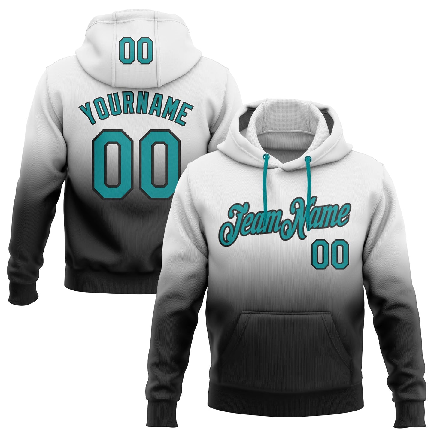 Custom Stitched White Teal-Black Fade Fashion Sports Pullover Sweatshirt Hoodie - Main View