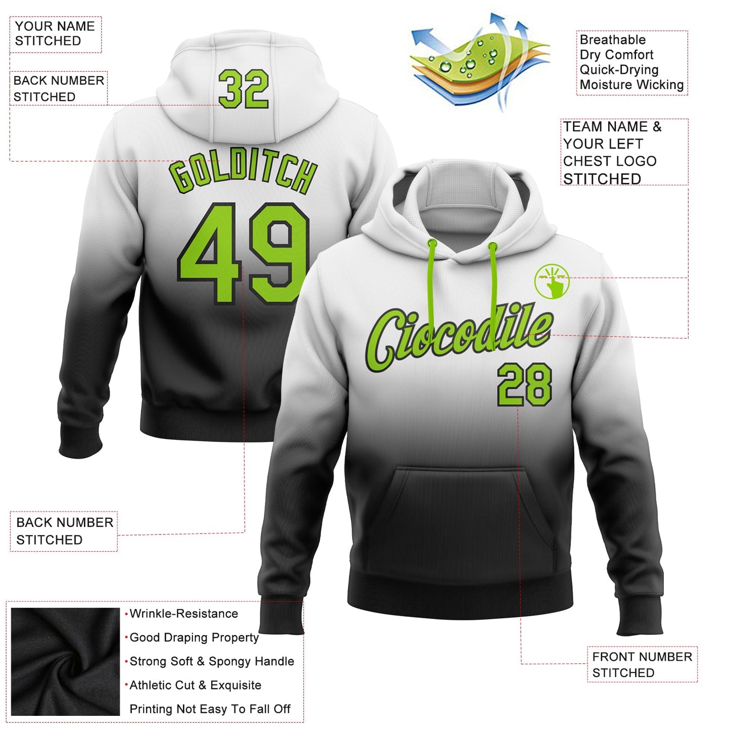 Custom Stitched White Neon Green-Black Fade Fashion Sports Pullover Sweatshirt Hoodie view 2