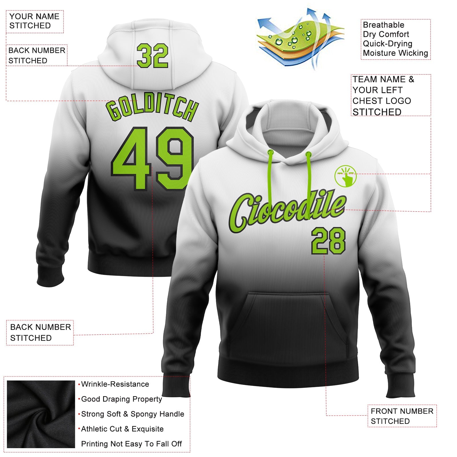 Custom Stitched White Neon Green-Black Fade Fashion Sports Pullover Sweatshirt Hoodie view 2