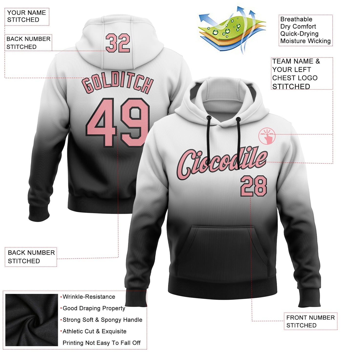 Custom Stitched White Medium Pink-Black Fade Fashion Sports Pullover Sweatshirt Hoodie view 2