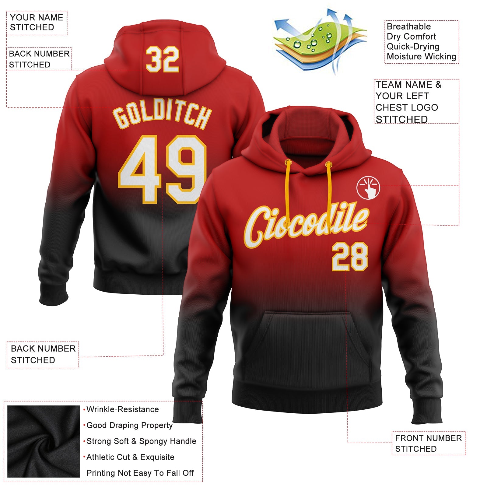 Custom Stitched Red White Black-Gold Fade Fashion Sports Pullover Sweatshirt Hoodie view 2